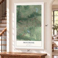 Montrose, Virginia map, 24 x 36 inch print in a white frame by a staircase