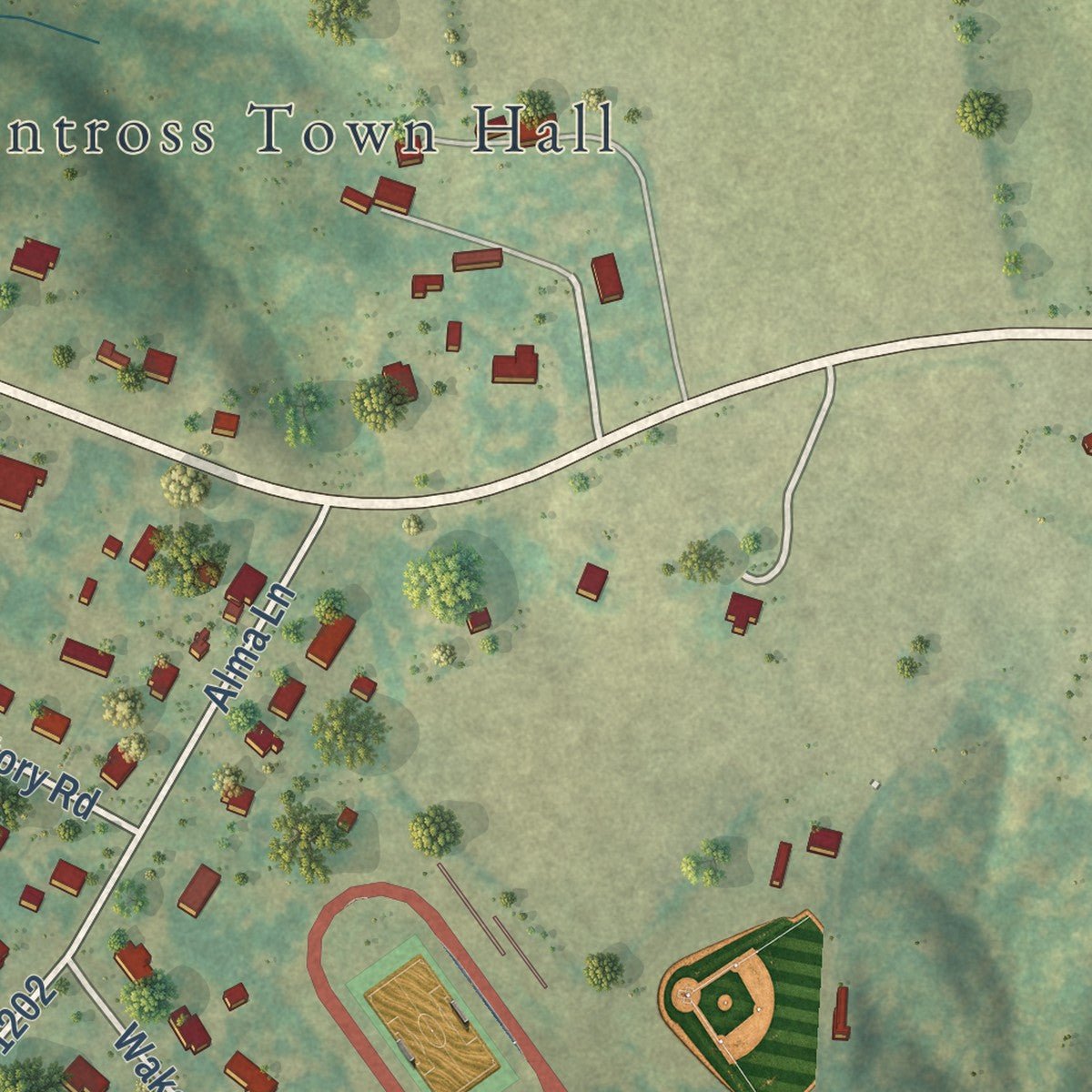 Second close-up of the map of Montross, Virginia print showing more streets and buildings
