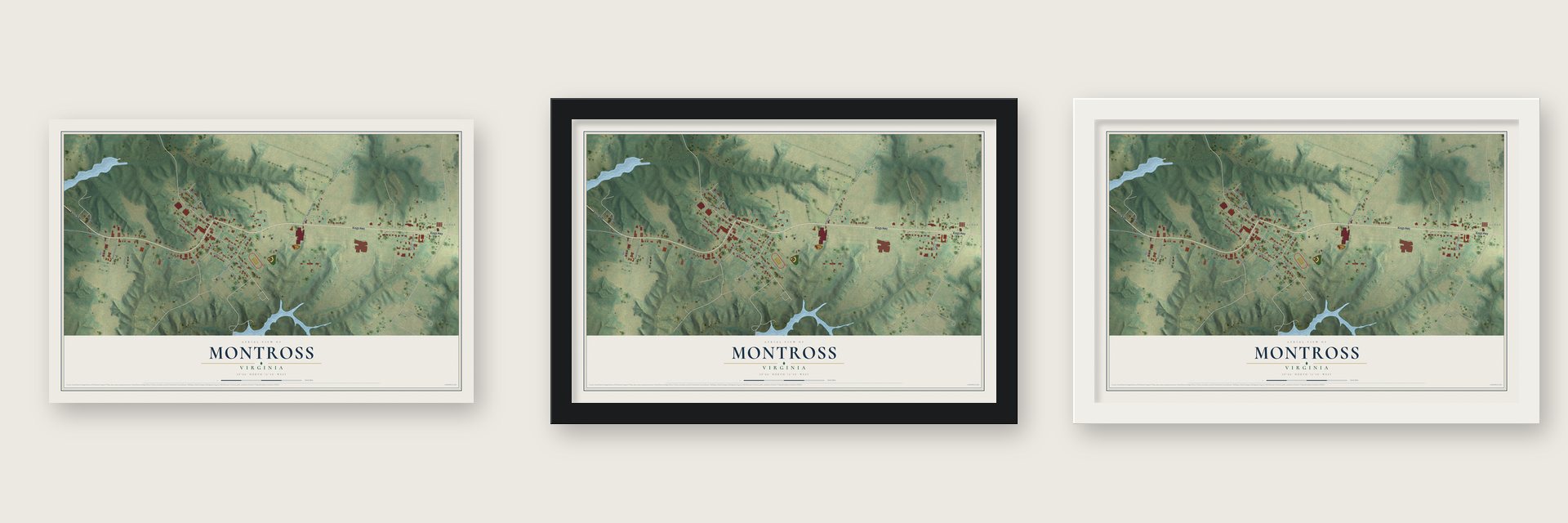 Montross, Virginia map unframed, in a black wood frame and in a white wood frame