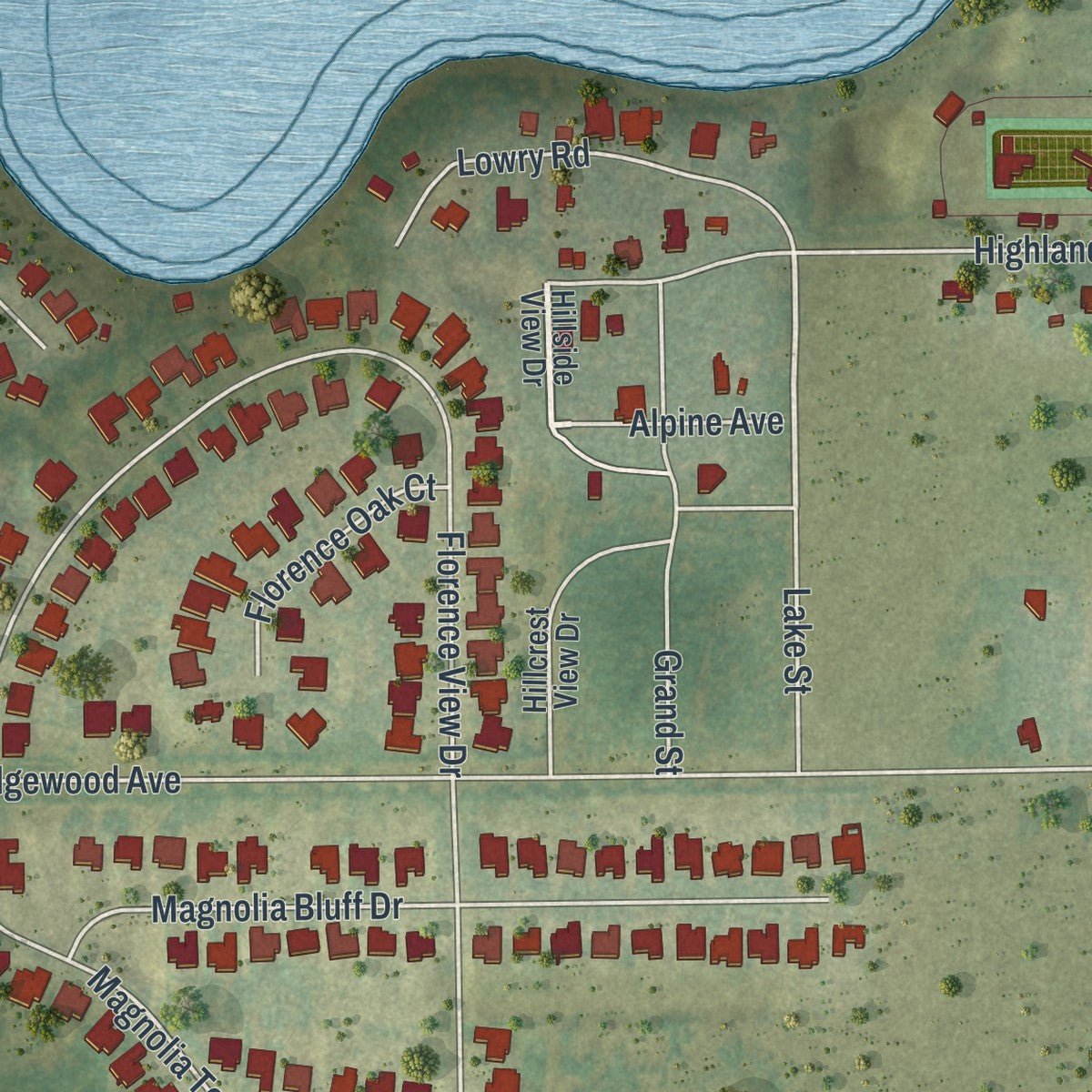 Second close-up of the map of Montverde, Florida print showing more streets and buildings