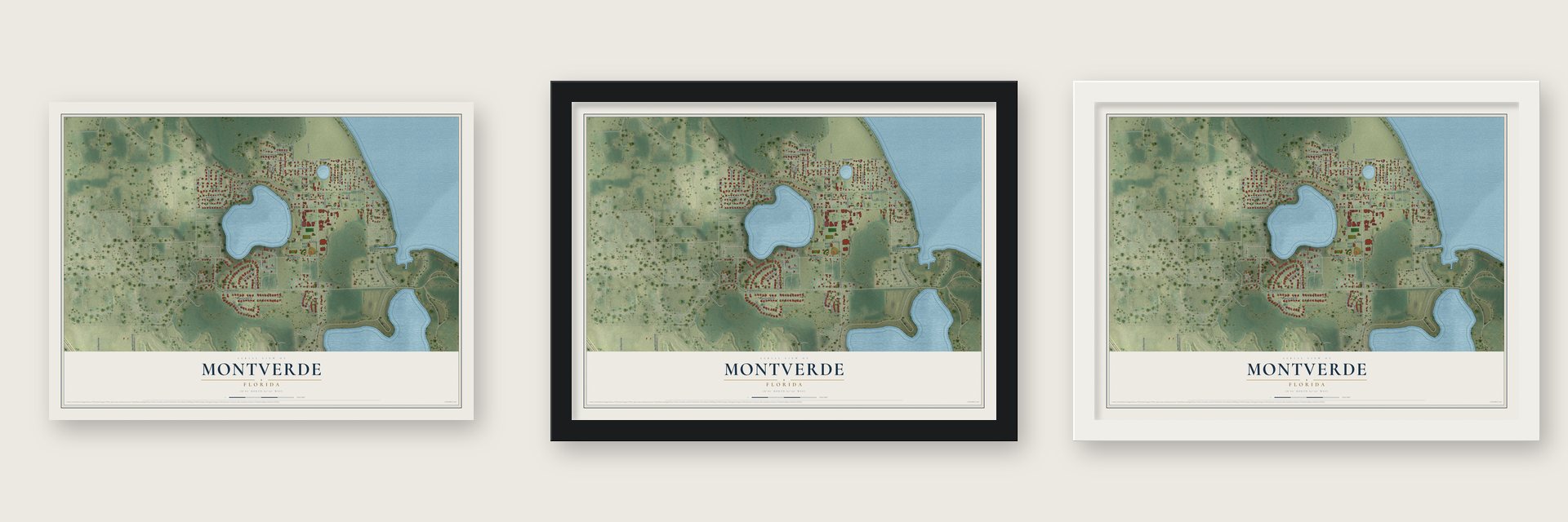 Montverde, Florida map unframed, in a black wood frame and in a white wood frame