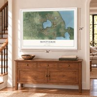 Montverde, Florida map, 24 x 36 inch print in a white frame above a dresser by a staircase
