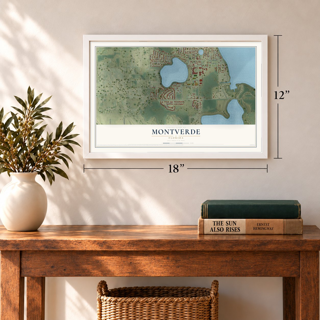 Montverde, Florida map, 12 x 18 inch print in a white frame in an entryway