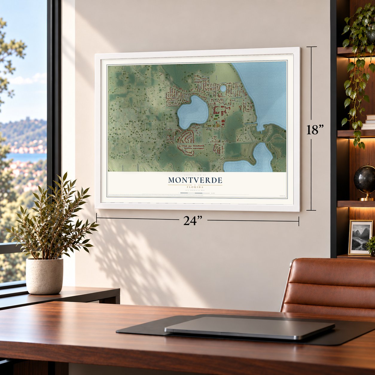 Montverde, Florida map, 18 x 24 inch print in a white frame in a home office