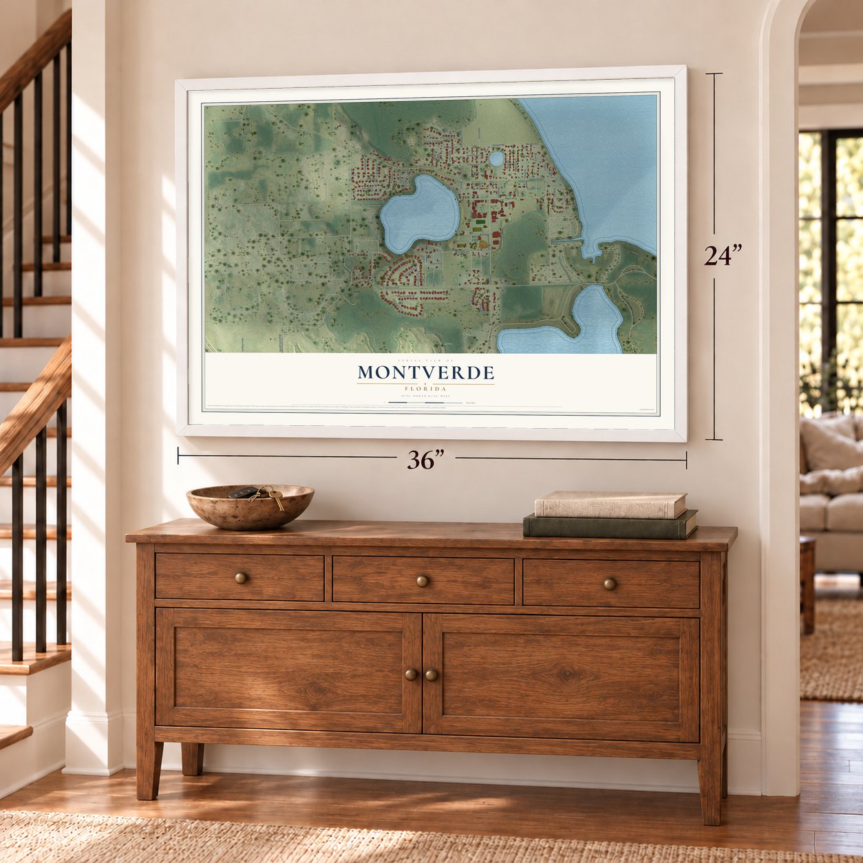 Montverde, Florida map, 24 x 36 inch print in a white frame above a dresser by a staircase