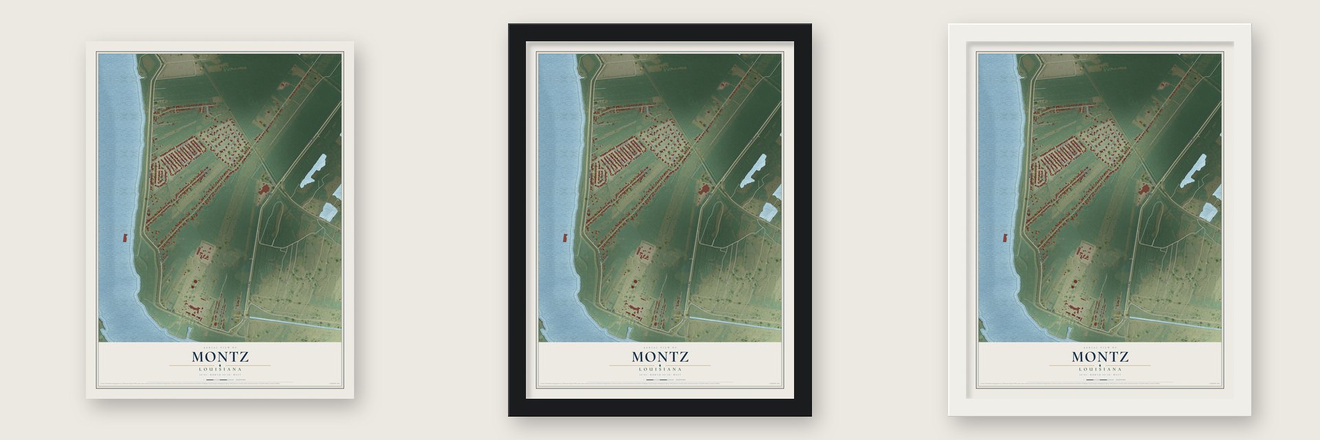 Montz, Louisiana map unframed, in a black wood frame and in a white wood frame