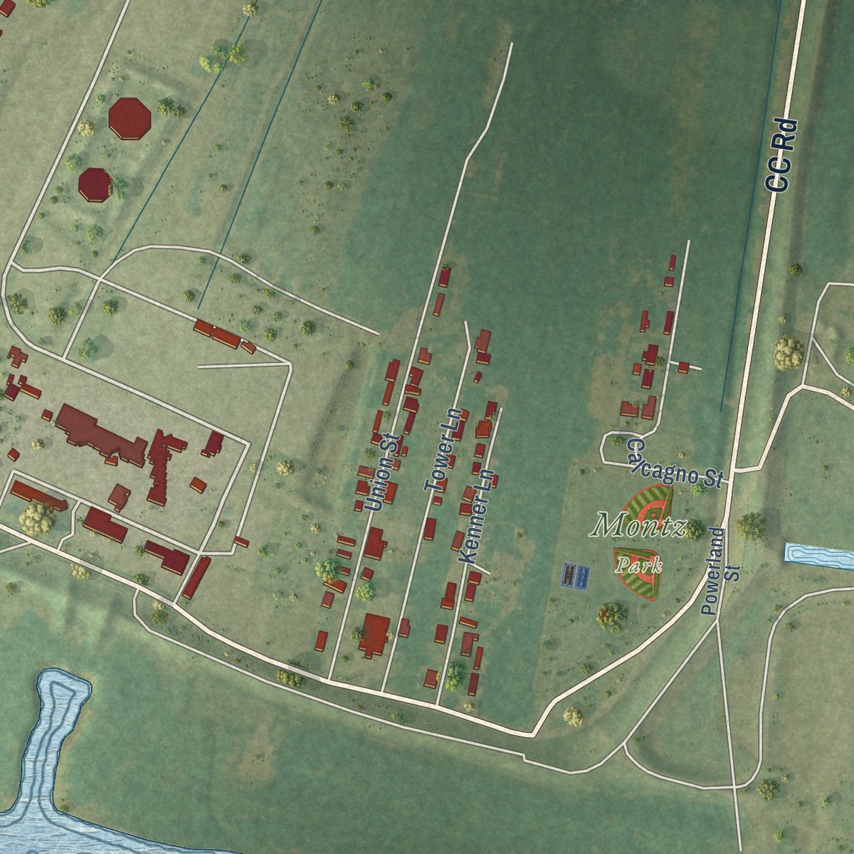 Second close-up of the map of Montz, Louisiana print showing more streets and buildings