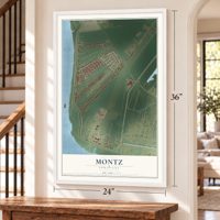 Montz, Louisiana map, 24 x 36 inch print in a white frame by a staircase