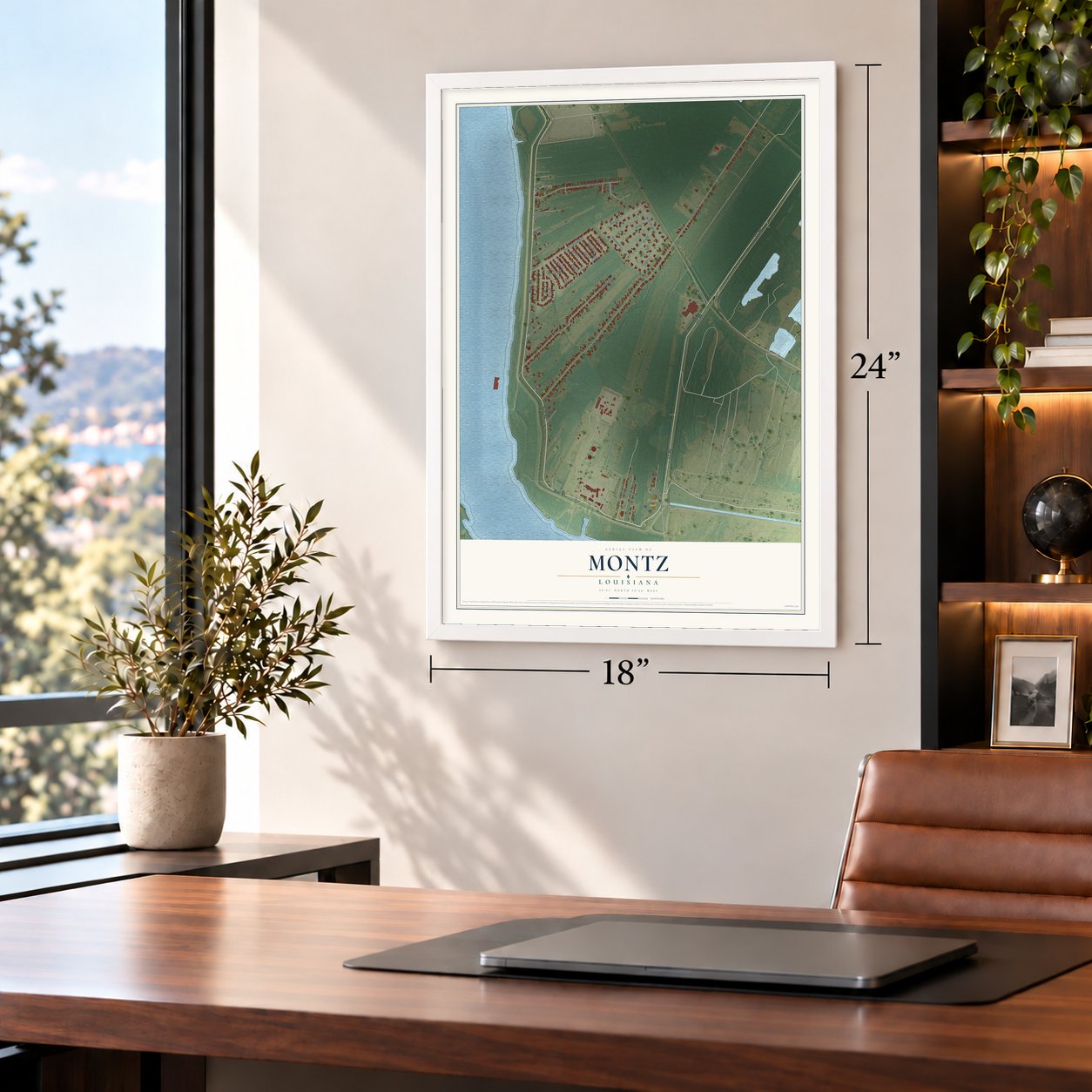 Montz, Louisiana map, 18 x 24 inch print in a white frame in a home office