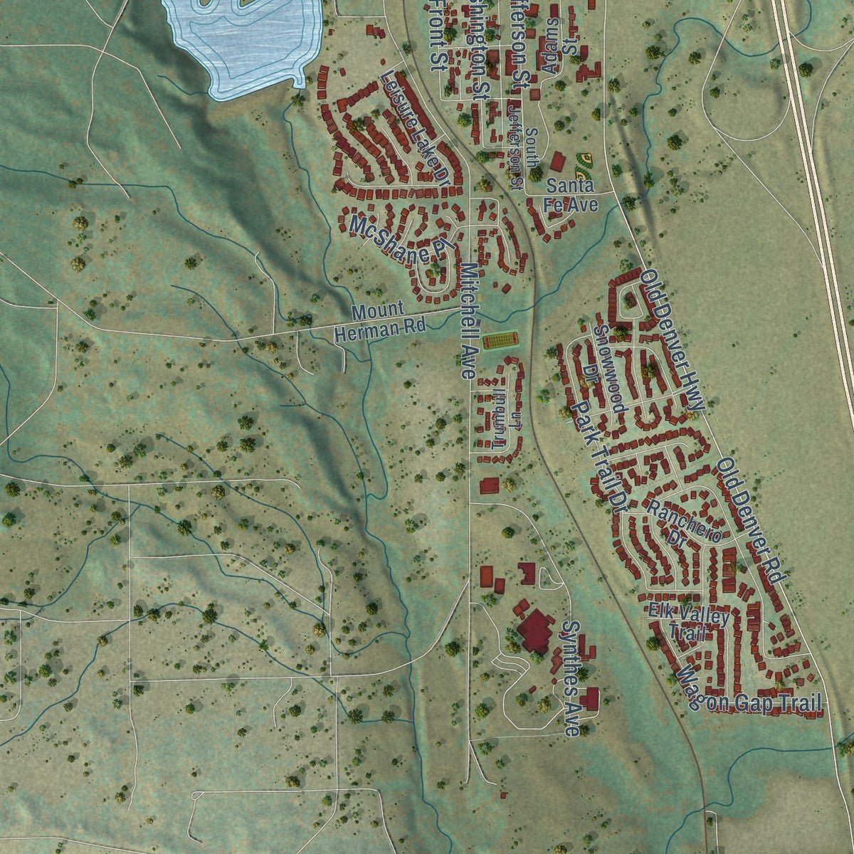 Second close-up of the map of Monument, Colorado print showing more streets and buildings