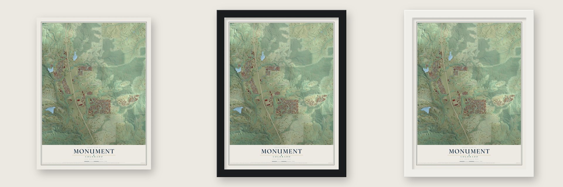 Monument, Colorado map unframed, in a black wood frame and in a white wood frame