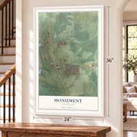 Monument, Colorado map, 24 x 36 inch print in a white frame by a staircase
