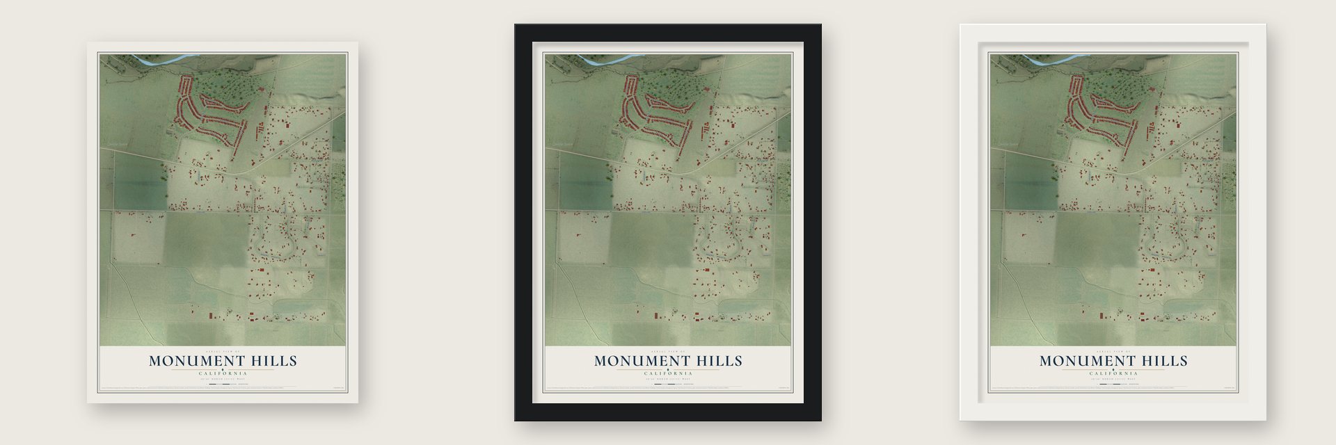 Monument Hills, California map unframed, in a black wood frame and in a white wood frame