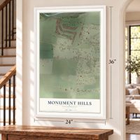 Monument Hills, California map, 24 x 36 inch print in a white frame by a staircase