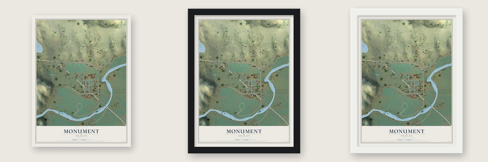 Monument, Oregon map unframed, in a black wood frame and in a white wood frame