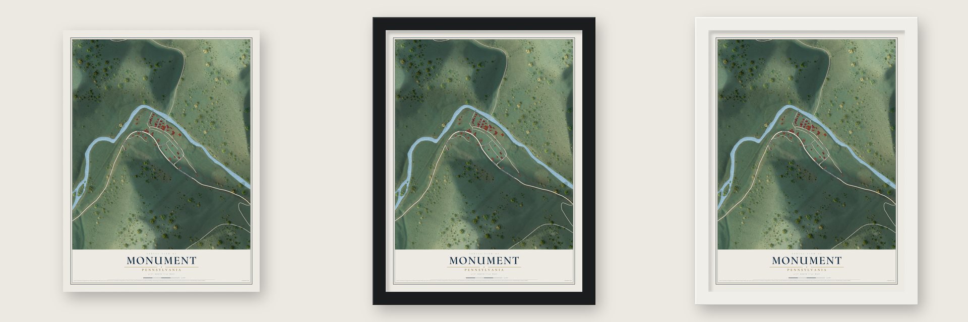 Monument, Pennsylvania map unframed, in a black wood frame and in a white wood frame