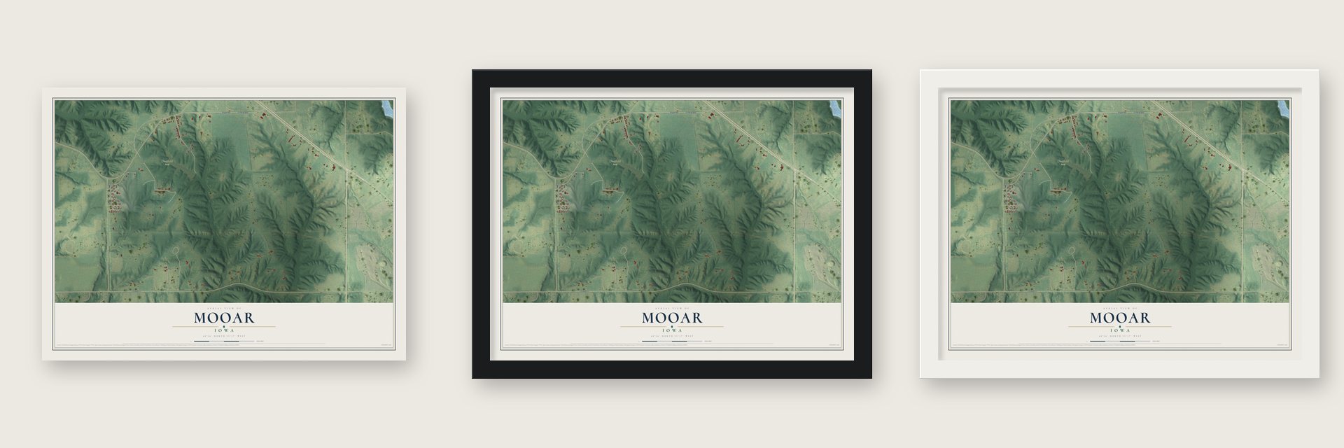 Mooar, Iowa map unframed, in a black wood frame and in a white wood frame