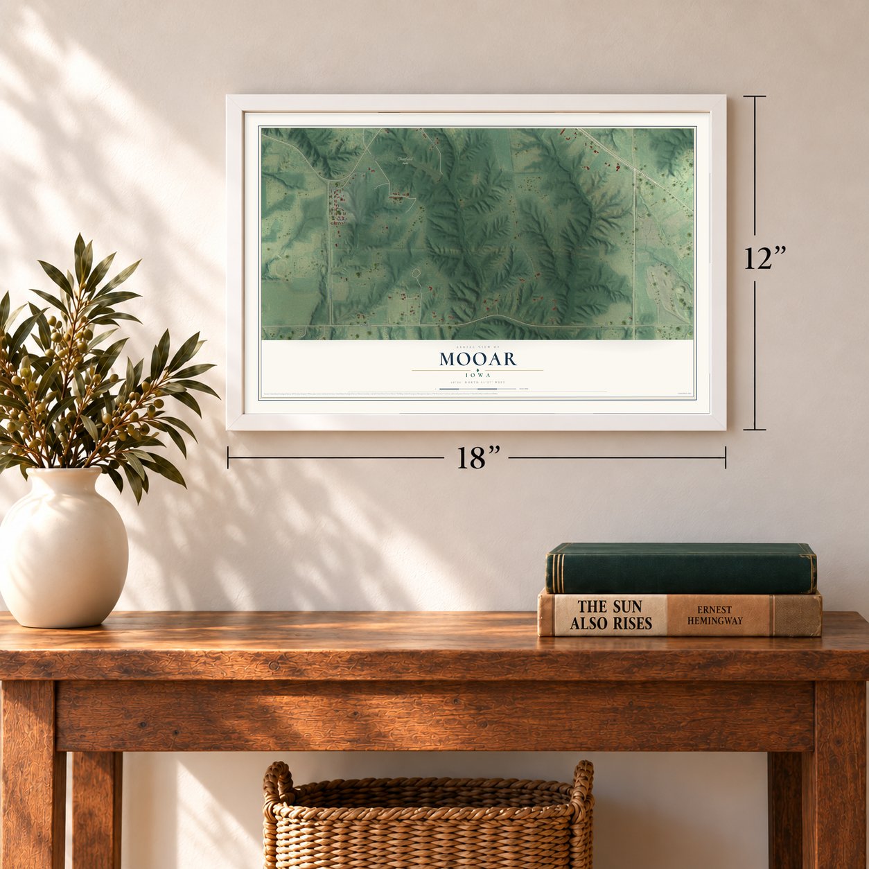 Mooar, Iowa map, 12 x 18 inch print in a white frame in an entryway