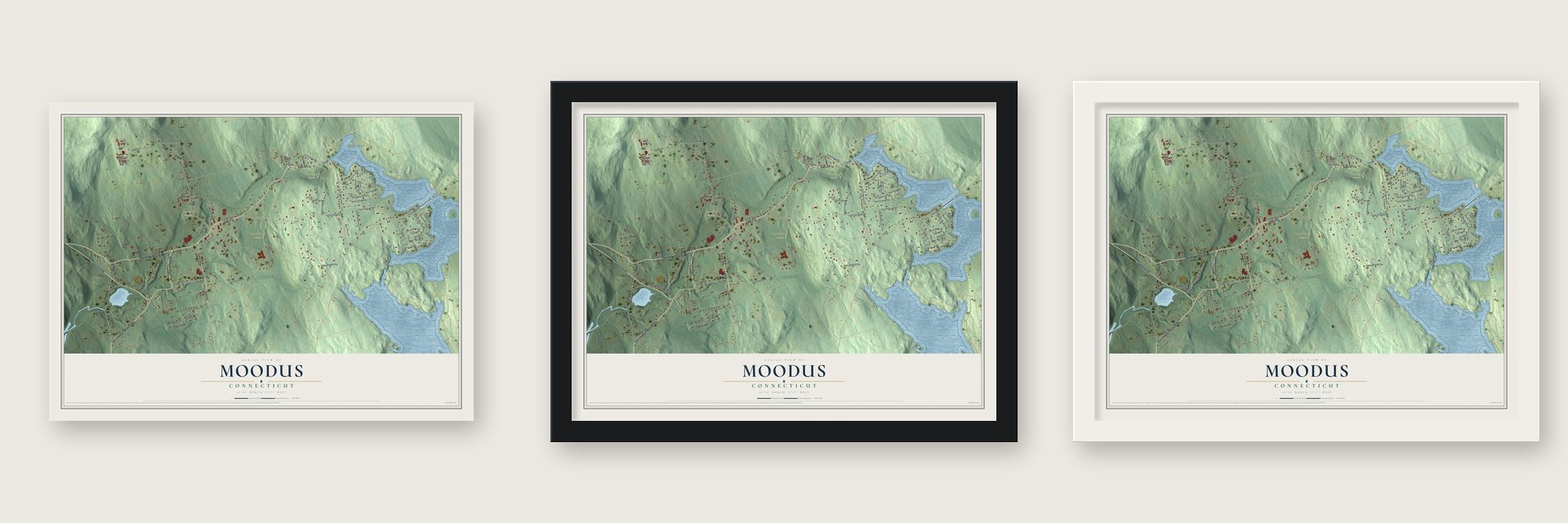 Moodus, Connecticut map unframed, in a black wood frame and in a white wood frame