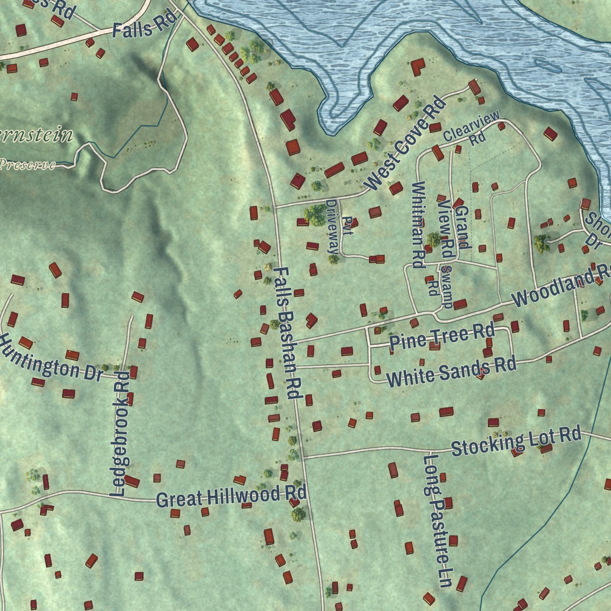 Second close-up of the map of Moodus, Connecticut print showing more streets and buildings