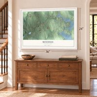 Moodus, Connecticut map, 24 x 36 inch print in a white frame above a dresser by a staircase