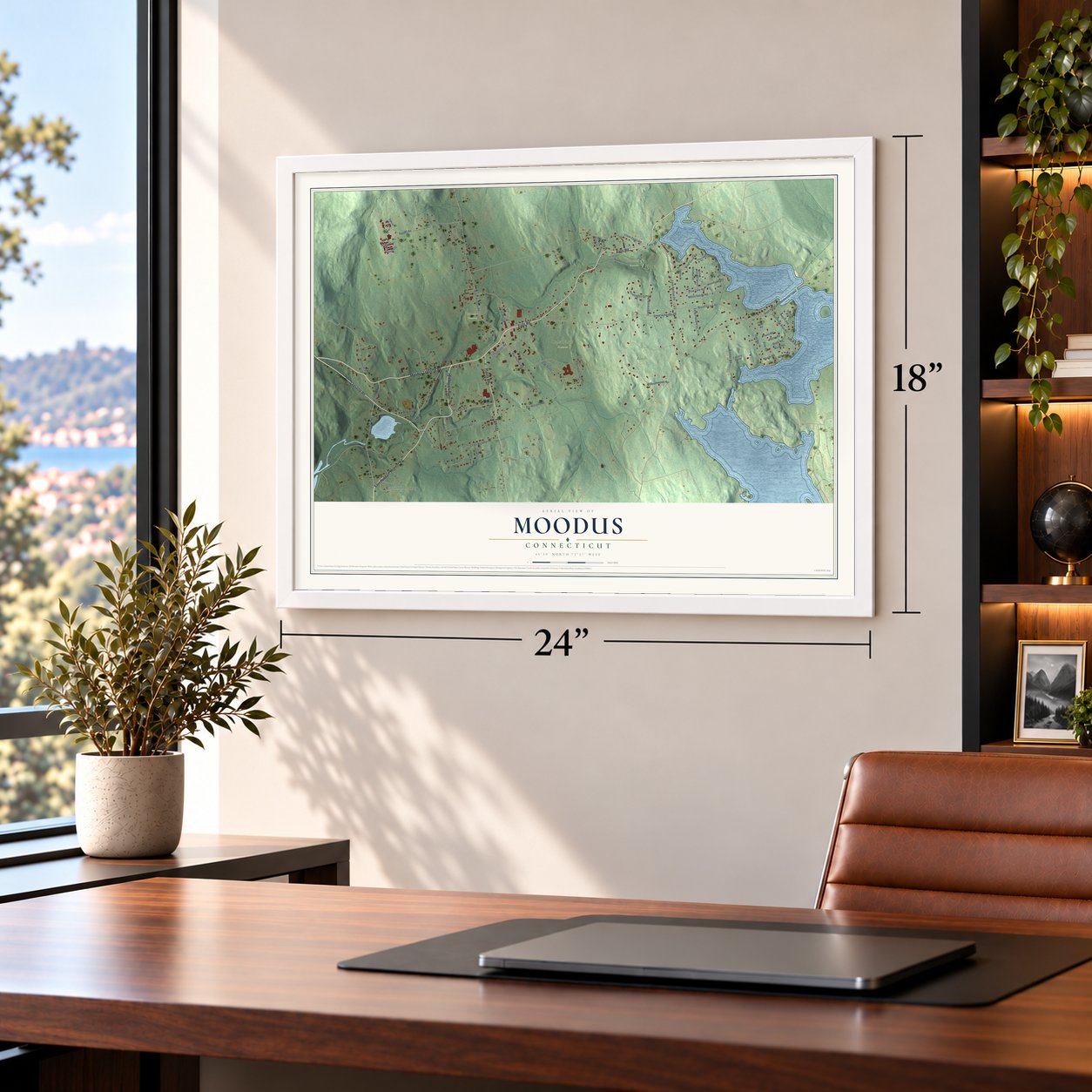 Moodus, Connecticut map, 18 x 24 inch print in a white frame in a home office
