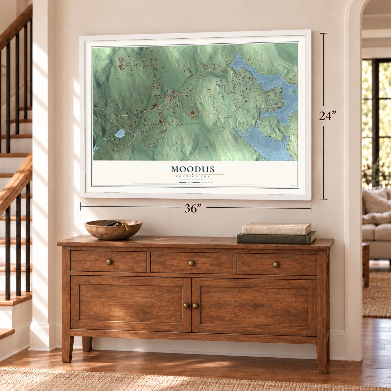 Moodus, Connecticut map, 24 x 36 inch print in a white frame above a dresser by a staircase