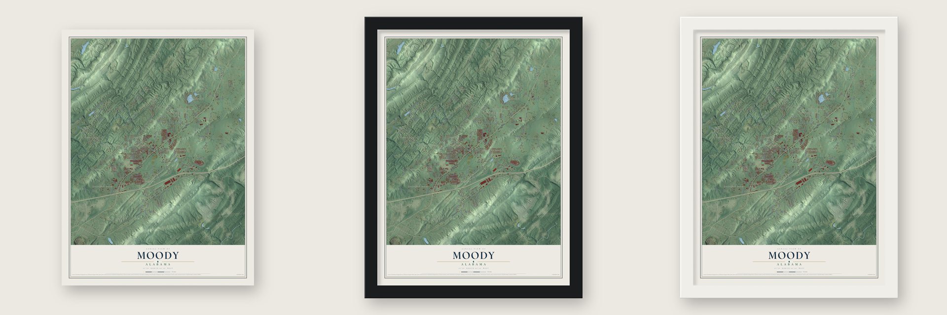 Moody, Alabama map unframed, in a black wood frame and in a white wood frame