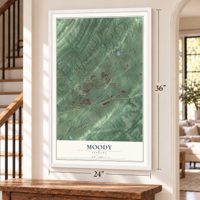 Moody, Alabama map, 24 x 36 inch print in a white frame by a staircase