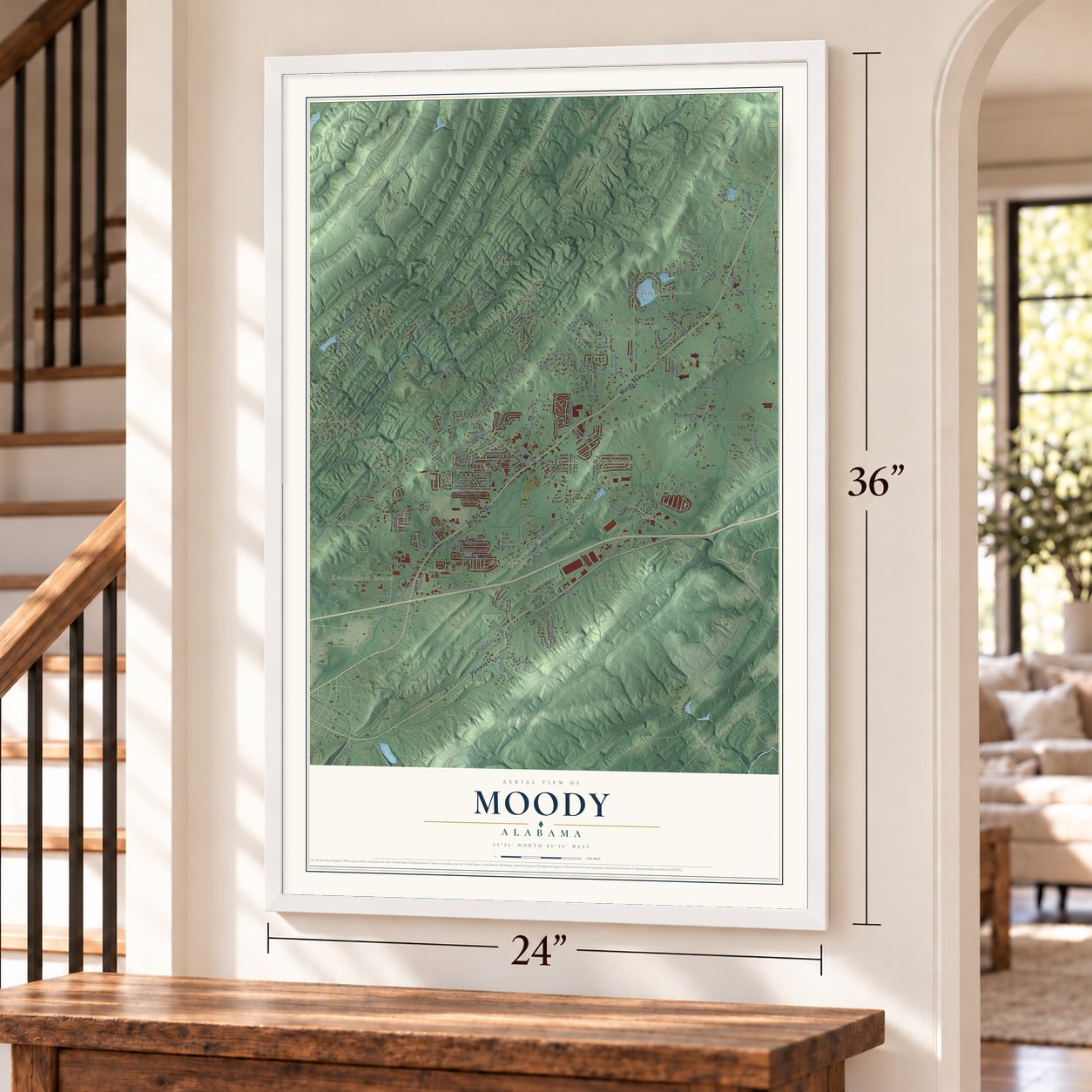 Moody, Alabama map, 24 x 36 inch print in a white frame by a staircase