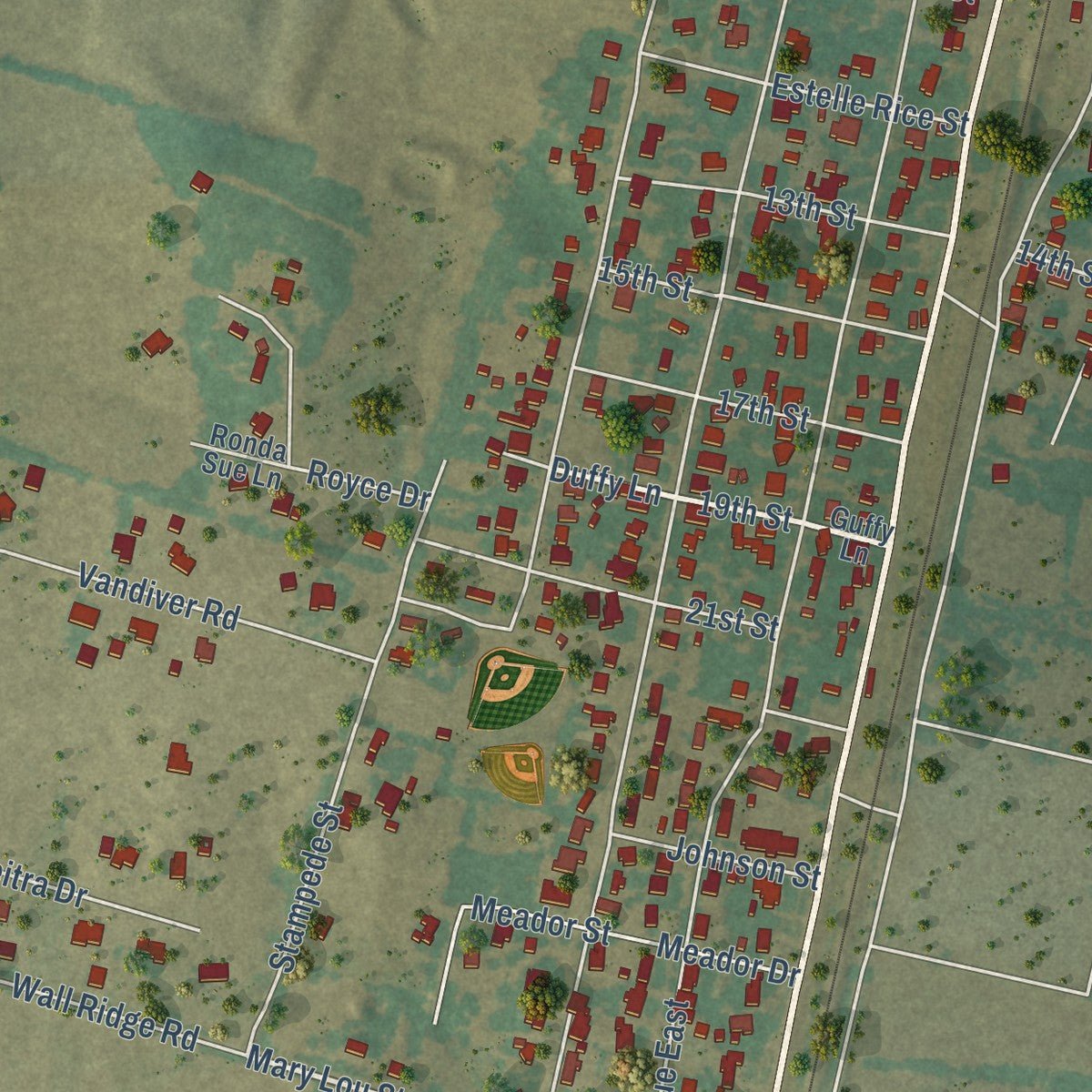 Second close-up of the map of Moody, Texas print showing more streets and buildings