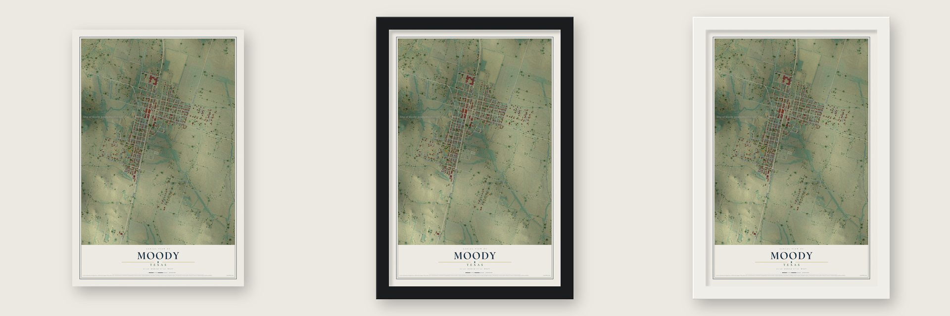 Moody, Texas map unframed, in a black wood frame and in a white wood frame