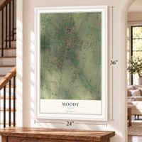 Moody, Texas map, 24 x 36 inch print in a white frame by a staircase