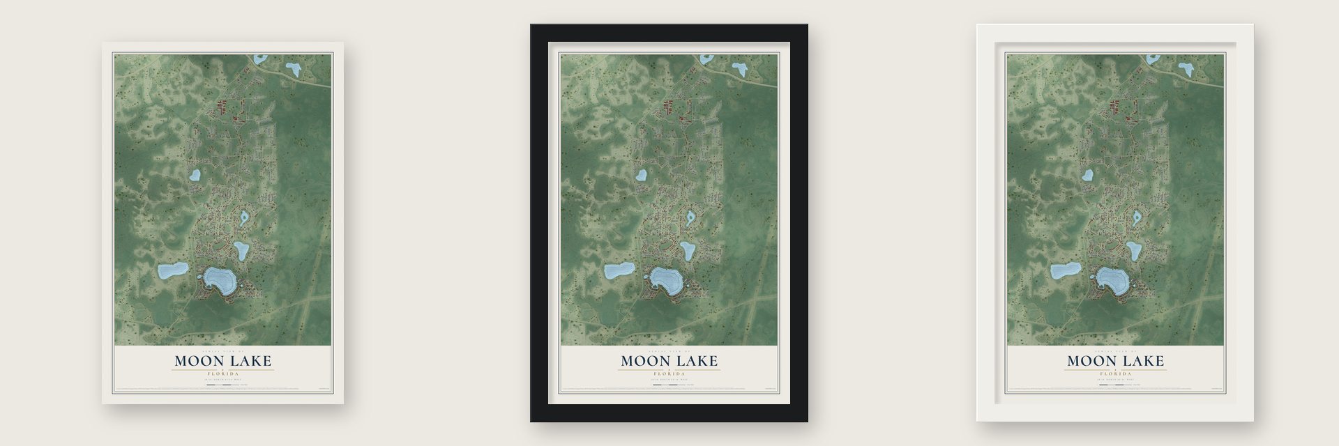 Moon Lake, Florida map unframed, in a black wood frame and in a white wood frame