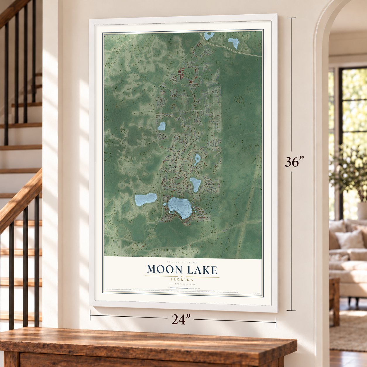 Moon Lake, Florida map, 24 x 36 inch print in a white frame by a staircase