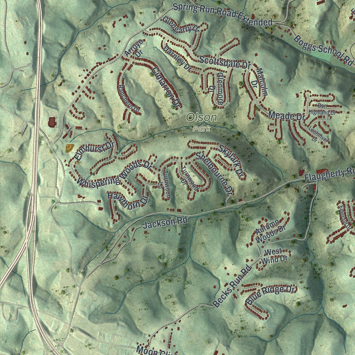 Second close-up of the map of Moon, Pennsylvania print showing more streets and buildings