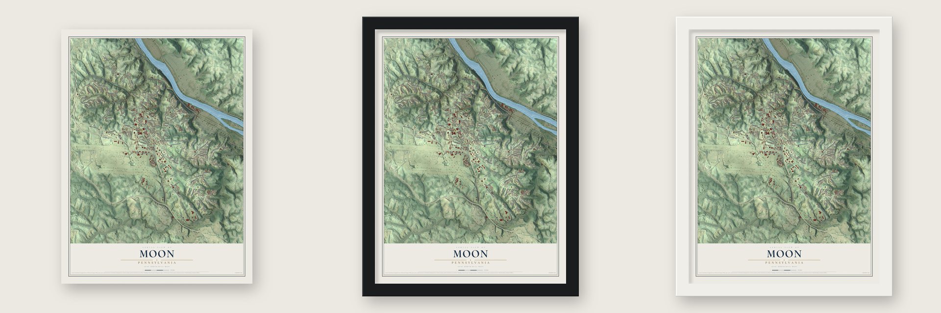Moon, Pennsylvania map unframed, in a black wood frame and in a white wood frame