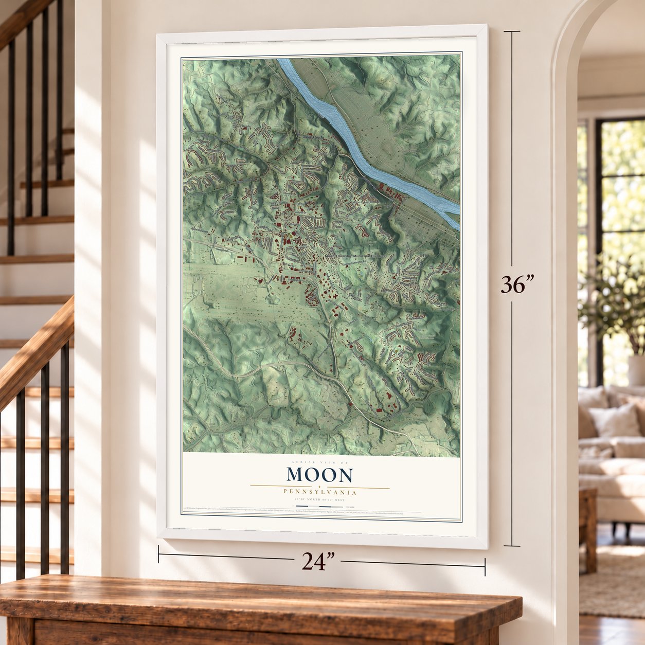 Moon, Pennsylvania map, 24 x 36 inch print in a white frame by a staircase