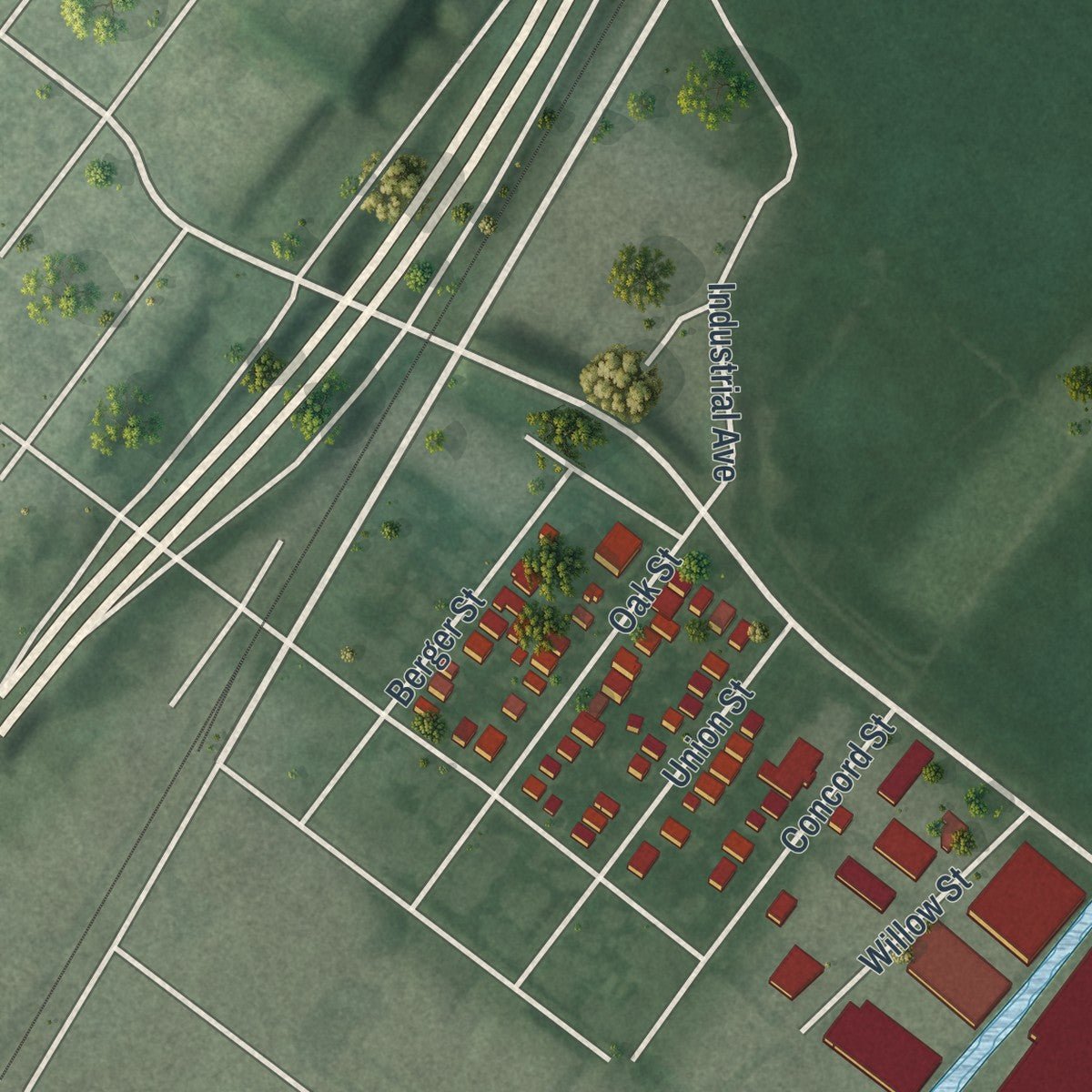 Second close-up of the map of Moonachie, New Jersey print showing more streets and buildings