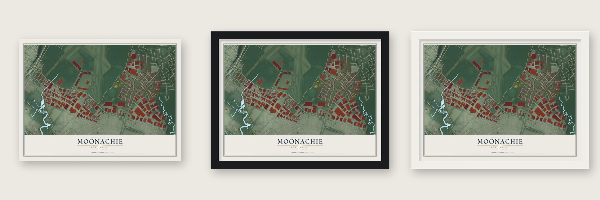 Moonachie, New Jersey map unframed, in a black wood frame and in a white wood frame