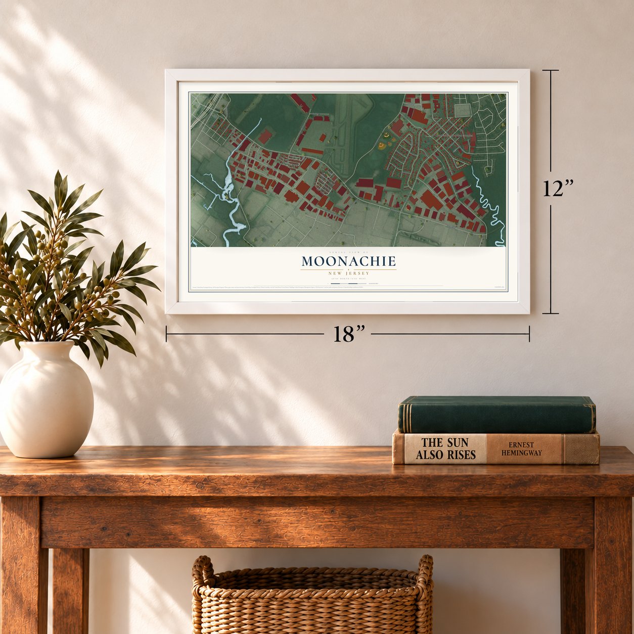 Moonachie, New Jersey map, 12 x 18 inch print in a white frame in an entryway