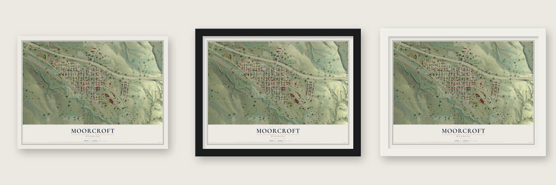 Moorcroft, Wyoming map unframed, in a black wood frame and in a white wood frame