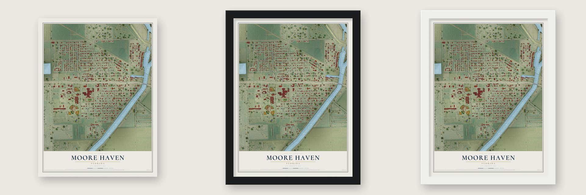 Moore Haven, Florida map unframed, in a black wood frame and in a white wood frame