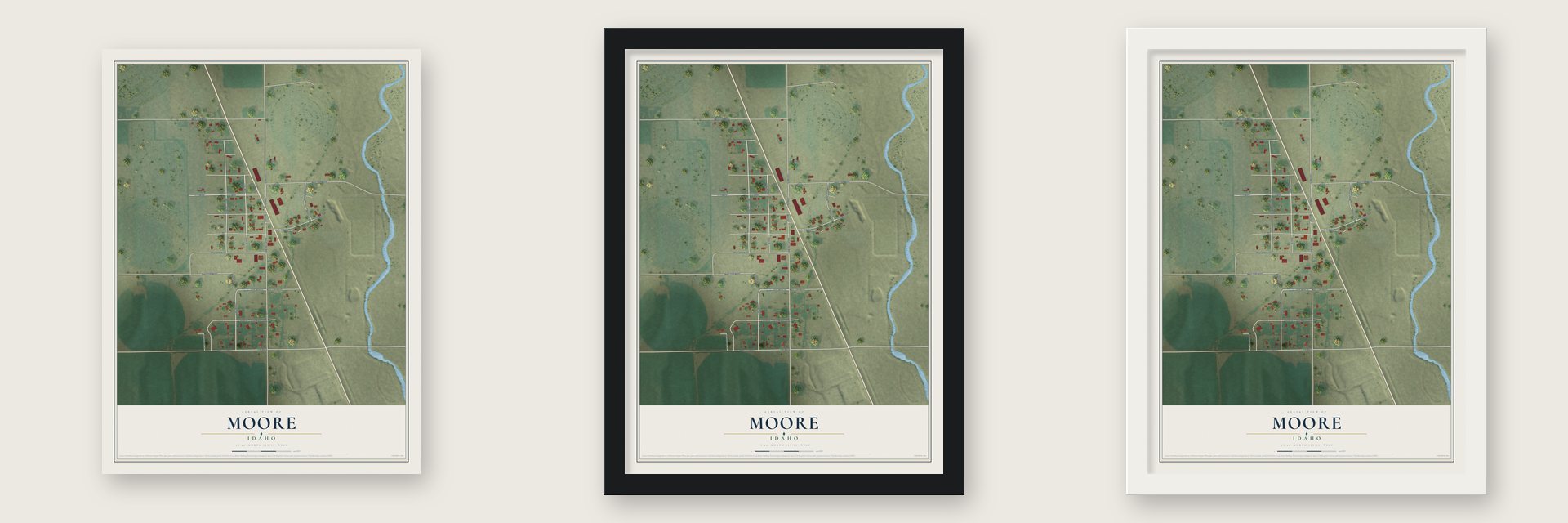 Moore, Idaho map unframed, in a black wood frame and in a white wood frame