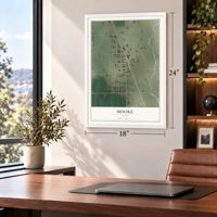 Moore, Idaho map, 18 x 24 inch print in a white frame in a home office