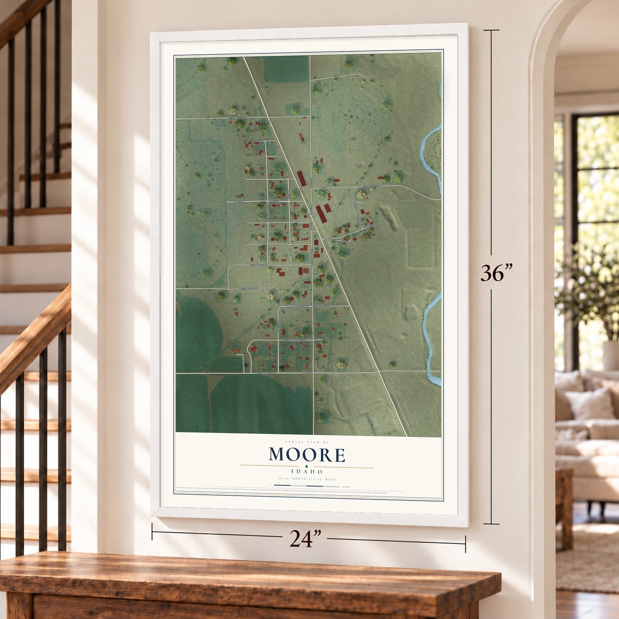 Moore, Idaho map, 24 x 36 inch print in a white frame by a staircase