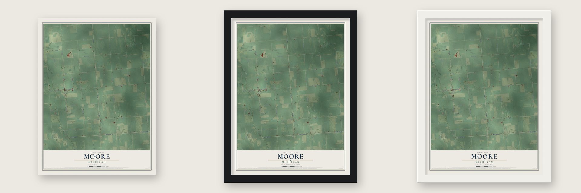 Moore, Michigan map unframed, in a black wood frame and in a white wood frame