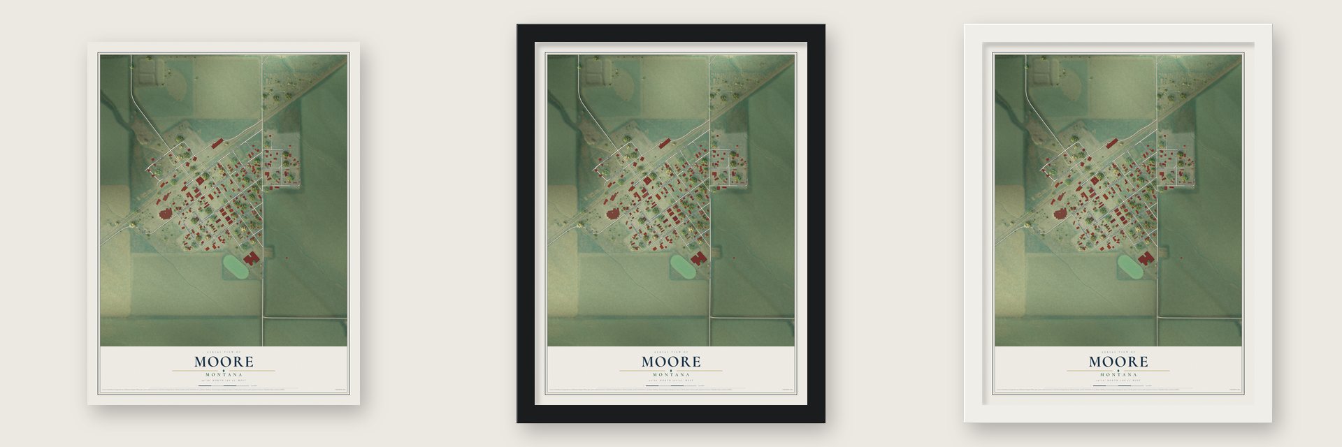 Moore, Montana map unframed, in a black wood frame and in a white wood frame