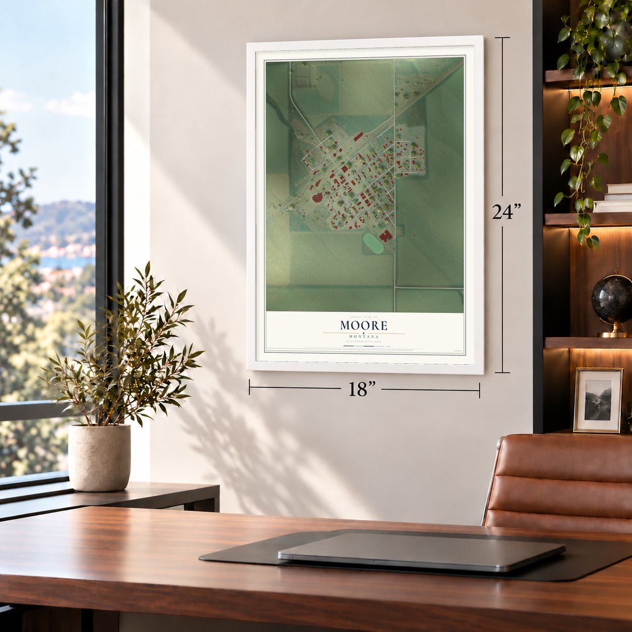 Moore, Montana map, 18 x 24 inch print in a white frame in a home office