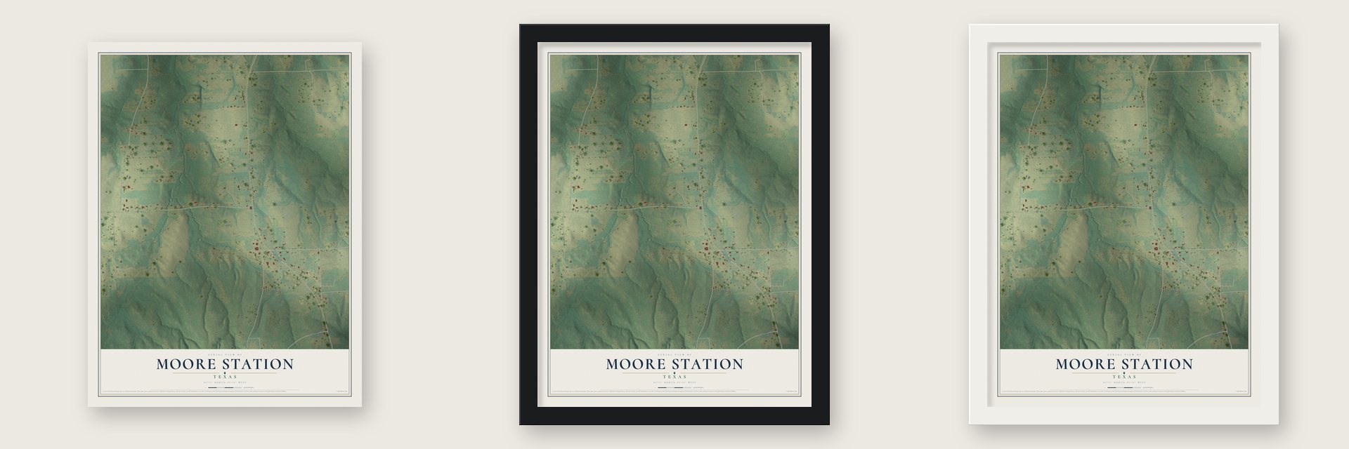 Moore Station, Texas map unframed, in a black wood frame and in a white wood frame